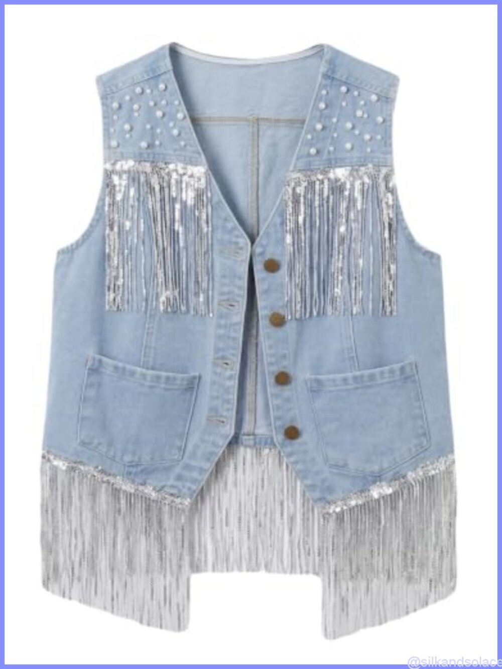 Women Cropped Denim Fringe Vest Pearl Western V-Neck Sleeveless Woven Top